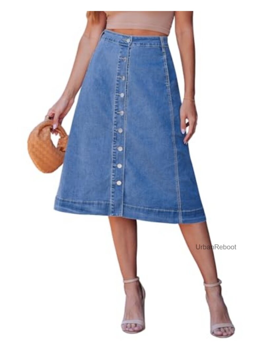 A-Line Midi Denim Skirt with Pockets Button Down High Waisted